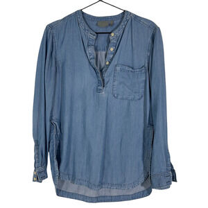 Athleta Womens Denim Popover Shirt Blue Pocket Buttons Hi Lo Hem Side Slit XS